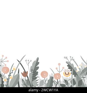 Feenblumen-Grenze im skandinavischen Volksstil, Vektormuster. Doodle Blume Wiese Hintergrund. Design für Karten, Tapeten, handwerkliche Verpackungen Stock Vektor