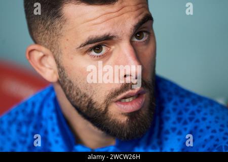 Luis Rioja von Deportivo Alaves sieht beim Achtelfinale-Spiel der Copa El Rey zwischen Athletic Club und Deportivo Alaves im San Mames Stadium auf Ja an Stockfoto