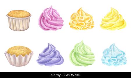 Süße Regenbogenmuffins. Bannerset mehrfarbige Cupcakes. Süße Schlagsahne Desserts. Food Clipart. Handgezeichnete Aquarellillustration isoliert auf Stockfoto