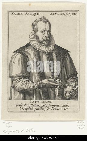 Portret van Justus Lipsius, anonym, nach Hendrick Goltzius, 1587 - ca. 1600 Druck Porträt des Humanisten und Gelehrten Justus Lipsius (1547-1606). In der rechten Hand ein Buch, die linke Hand liegt auf dem Kopf seines Spaniel Sapyrus. Niederlande (möglicherweise) Papiergravur historischer Personen. Sprache  Philologie (+ Porträt des Gelehrten, Wissenschaftlers) Stockfoto