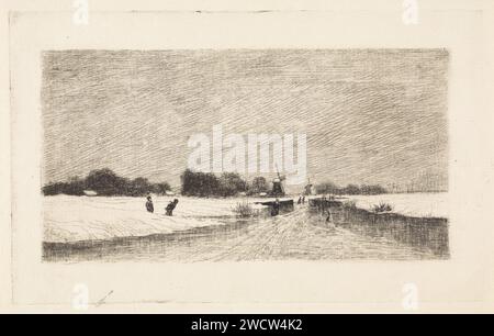 Skater in einer holländischen Landschaft, Elias stark, 1887 Printskater auf einem Speed. Auf der linken Seite kommen zwei Skater aus einem Graben. Zwei Mühlen in der Entfernung. Nieuwer-Amstel Papierätzwindmühle in der Landschaft. Skates (Wintersport) Stockfoto