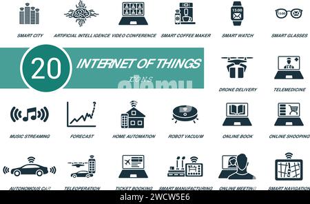 Symbolsatz für das Internet der Dinge. Kreative Symbole: Smart City, künstliche Intelligenz, Videokonferenz, intelligente Kaffeemaschine und mehr Stock Vektor