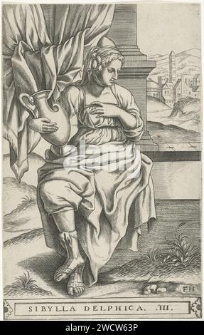 Delfische Sibille, Frans Huys, 1546–1562 drucken die Delfische Sibille sitzend mit einem Krug im rechten Arm. Im Hintergrund ein Vorhang und ein Blick auf eine Stadt. Der Druck ist Teil einer zehnteiligen Serie über die Sibillen. Antwerpener Papiergravur Sibyls (mit NAMEN) Stockfoto