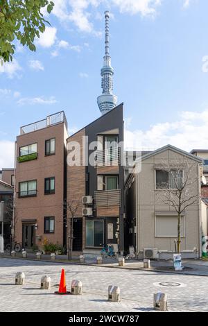 Tokio, Japan. Januar 2024. Klassische kleine Häuser mit dem Tokyo Skytree Tower im Hintergrund Stockfoto