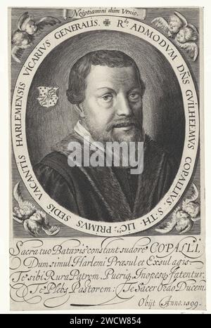 Porträt von Willem Copallius, Jan van de Velde (II), 1603–1641 Druck Porträt von Willem Copallius, römisch-katholischer Geistlicher in Haarlem. Zwei Cherubs in jeder der vier Ecken. Papierstich in den nördlichen Niederlanden Stockfoto