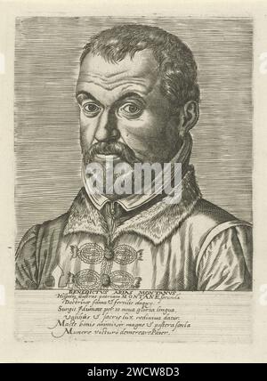 Portret van Benito Arias Montano, anonym, nach Philips Galle, nach Pieter Pourbus, 1572–1662 Druck Porträt von Benito Arias Montano, einem spanischen Schriftsteller und Theologen. Büste nach links. Der Druck hat einen lateinischen Untertitelhersteller: Unbekannt gedruckt von: AntwerpAntwerppublisher: Antwerpener Papierstich Stockfoto