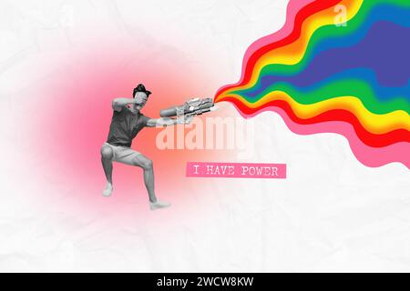 Poster Collage Bild von funky verrückten fröhlichen Mann ich habe Power Laserpistole mehrfarbiger Regenbogen isoliert auf buntem Hintergrund Stockfoto