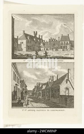 Zwei Stadtansichten: Neues Stadtwohnheim in Leeuwarden und Sint Antony Gasthuis in Leeuwarden, Carel Frederik Bendorp (I), nach Jan Bulthuis, 1786–1792 Druckpapier, das die Stadtansicht im Allgemeinen graviert; „Veduta“. Waisenhaus. Krankenhaus Leeuwarden Stockfoto