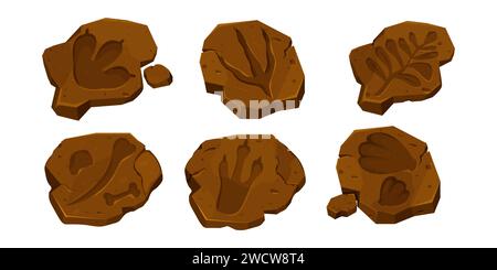 Set Dinosaurier Fossil, Pfotendruck, Reptilienfußweg im Cartoon-Stil isoliert auf weißem Hintergrund. Archäologische und paläontologische Funde. Vektorabbildung Stock Vektor