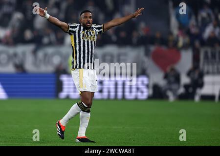 Turin, Italien. Januar 2024. Gleison Bremer vom Juventus FC Gesten während des Fußballspiels der Serie A zwischen Juventus FC und uns Sassuolo im Allianz Stadium am 16. Januar 2024 in Turin, Italien. Quelle: Marco Canoniero/Alamy Live News Stockfoto