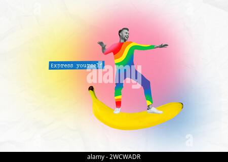 Poster Collage Bild eines fröhlichen netten Mannes, der Luft fliegt auf riesiger Banane isoliert auf buntem Hintergrund Stockfoto