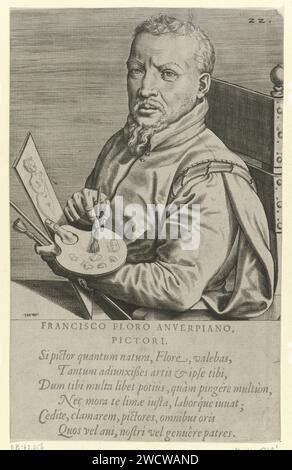 Porträt des Malers Frans Floris (I), Johannes Wierix, 1600–1650 Druck in der Hand hält er eine Malpalette und eine Zeichnung. Über der dargestellten Person, eine Regel mit biographischen Daten in lateinischer Sprache. Am Rand eine sechszeilige Beschriftung in lateinischer Sprache. Antwerpener Papierstich Porträt, Selbstporträt des Malers. Palette Stockfoto