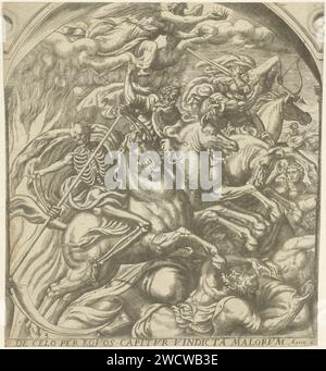 Vier Reiter der Apokalypse, Gerard van Groeningen, 1563–1574 drucken die vier Reiter der Apokalypse fahren durch die Luft. Von hinten nach vorne: Der sieger mit einem Bogen, Krieg mit einem großen Schwert, Hunger mit einer Waage und Tod mit einer Sense (op. 6,1–8). Ein Engel fliegt in der Luft, der den sieger krönt. Antwerpener Papier mit Gravur der vier Reiter der Apokalypse Stockfoto