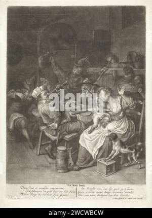 Eings, Jacob Gole, nach Cornelis DuSart, 1670 - 1724 drucken feiert Eine fröhliche Gruppe von Epiphany an einem Esstisch. Der Mann mit dem königlichen Hut schlägt ein Flötenglas. Vom Schoß seiner Mutter pinkelt ein Kind in den Mund eines Hundes, der mit den Vorderbeinen auf einem Eintopf steht. Druckerei: AmsterdamAfter Druck: Haarlempublisher: Amsterdam Papierstich Zwölfte Nacht, normalerweise am Vorabend des 6. Januar Stockfoto