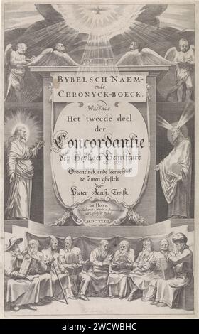 Titelseite für Bibel Naem- en Chronijckboek, 1632, Hessel Gerritsz, 1632 Print Central der Titel des Buches in einer Kartusche. Auf beiden Seiten des Titels Christ und Moses. Über der Kartusche Engel und der Heilige Geist als Taube. Verschiedene Figuren aus dem Alten und Neuen Testament in der Kartusche. Druckerei: Amsterdampublisher: Hoorn (Nordholland) Papierstich Propheten, Sibyls, Evangelisten, Kirchenlehrer; Personen  die Bibel (nicht im biblischen Kontext). Christus. Moses (nicht im biblischen Kontext); mögliche Attribute: Lichtstrahlen oder Hörner auf seinem Kopf, Stab, Gesetztafeln. Heilig Stockfoto