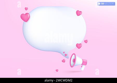 3D-Megaphon-Lautsprecher und rosafarbenes Herzsymbol. Valentinstag, Dating, Lautsprecher, niedliches 3D-Herz, Muttertag, ich liebe ein romantisches Konzept. 3D-Vektor-iso Stock Vektor