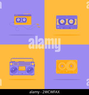 Ein Satz lila und gelber Boombox, Audioplayer und Audiokassette. Illustration des flachen Vektors Stock Vektor