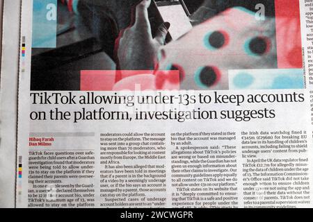 „TikTok erlaubt es, unter 13 Jahren Konten auf der Plattform zu führen, so die Untersuchung.“ Guardian Zeitung Children titelt am 19. Dezember 2023 London UK Stockfoto