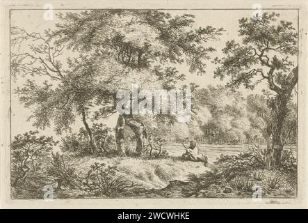 Rusting man in Bos, Hermanus Fock, 1781 - 1822 Druck Ein Mann sitzt im Gras unter einem Baum an der Grenze eines Waldes und einer Wiese. Amsterdam Papierätzung ruht - BB - draußen. Wald, Holz (+ Landschaft mit Figuren, Personal) Stockfoto