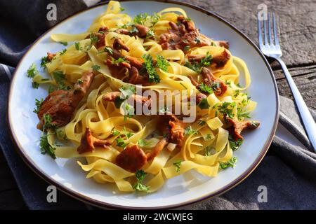 Tagliatelle Pasta mit gebratenen in Butter Pfifferlinge Pilze mit Knoblauch und fein gehackte Petersilie auf karierte Serviette auf einem rustikalen Hintergrund . Stockfoto