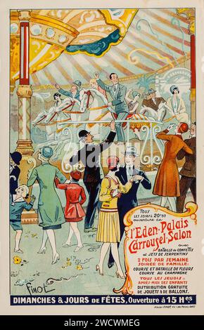 L'Eden Palais Carrousel Salon Poster (ca. Anfang des 20. Jahrhunderts). Französisches Poster feat a Merry Go Round - tivoli, Vergnügungspark Stockfoto