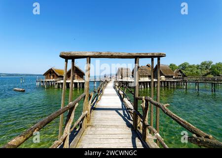 Deutschland, Baden-Württemberg, Bodensee, Uhldingen-Mühlhofen, Unteruhldingen, Pfahlbaumuseum, Pfahlbauten, Weltkulturerbe der UNESCO Stockfoto