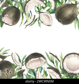 Kokosnüsse ganz, Hälften und Stücke mit hellen, grünen, tropischen Palmenblättern. Handgezeichnete Aquarellillustration. Vorlagenrahmen isoliert vom Stockfoto