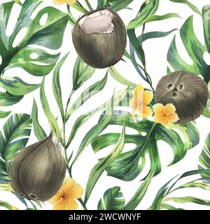 Kokosnüsse ganz, Hälften und Stücke mit hellen, grünen, tropischen Palmenblättern und gelben Plumerieblättern. Handgezeichnete Aquarellillustration. Nahtlos Stockfoto