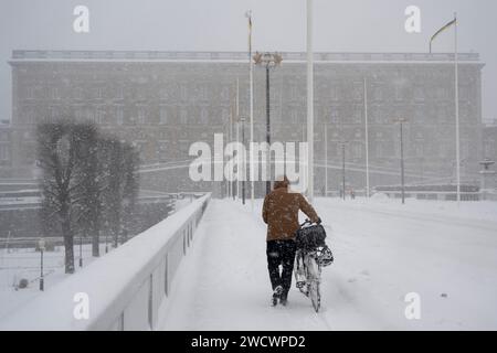 Stockholm, Schweden. Januar 2024. Schneesturm vor der Stockholmer Burg im Zentrum Stockholms am 17. januar 2024.Foto: Henrik Montgomery/TT/Code 10060 Credit: TT News Agency/Alamy Live News Stockfoto