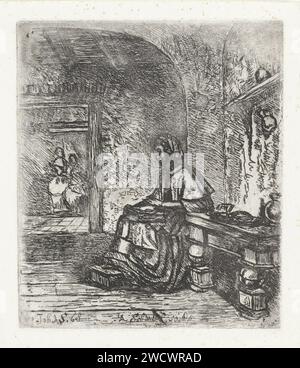 Nebenarbeiter, A. Schaub, nach Johannes Adrianus Schultz, 1830 - 1863 Druck in einem Innenraum, eine Frau ist im Umgang. Sie sitzt mit den Füßen auf einem Eintopf. Ein Tisch neben ihr. Papierätzung Sitzfigur - AA - weibliche menschliche Figur Stockfoto