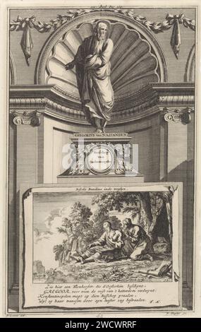 H. Gregorius van Nazianze de Jongere, Kirchenvater Jan Luyken, nach Jan Goeree, 1698 Druck der Heilige Kirchenvater Gregorius von Nazianze der junge Mensch, stehend auf einem Sockel. Auf der Vorderseite die Szene, in der er seinen Freund Basilius van Caesarea in Einsiedler besucht. In der Mitte drucken mit: III Teil. S. 369. Amsterdamer Papiergravur des Mönchs und Bischofs Gregor von Nazians, auch Theologe genannt; mögliche Attribute: Buch, Schriftrolle. Basilius Magnus, Bischof von Cäsarea; mögliche Attribute: Taube, (Säule des) Feuers. anchorit, Einsiedler Stockfoto