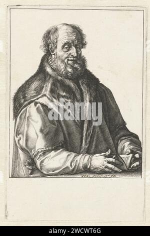 Porträt von Jan van Suren, Hendrick Goltzius, 1588 - 1590 Print Porträt des Druckers/Verlags und Bürgermeisters von Haarlem, Jan van Suren (1517-1591). Van Suren ist hier 71 Jahre alt. Hinter einem Tisch, mehr oder weniger rechts zu sehen, sieht der Betrachter den Blick. Ein Buch in seinen Händen. Er trägt einen Mantel mit Fell. Haarlem Papierstich historischer Personen Stockfoto