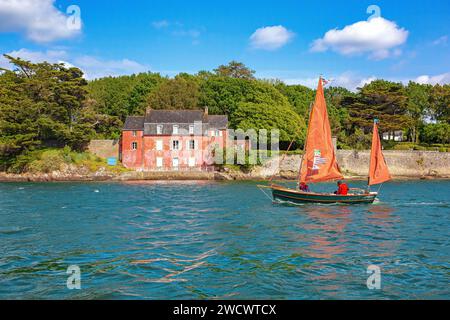 Frankreich, Morbihan, Golf von Morbihan, Sene, Josepha, Yawl, Ketch Marconi, vor dem pinkfarbenen Haus von Port-Anna, Ausgabe der Golfwoche 2023 Stockfoto