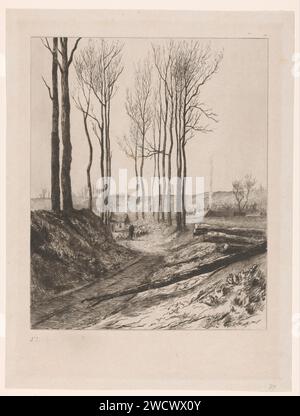 Landweg bei Vilvoorde, Carel Nicolaas Storm van 's-Gravesande, ca. 1872 Druck Baumstämme befinden sich im Vordergrund am Straßenrand. Im Hintergrund läuft ein Hirte mit einer Schafherde. Papierätzstraße, Pfad. Herde, Herde Vilvoorde Stockfoto