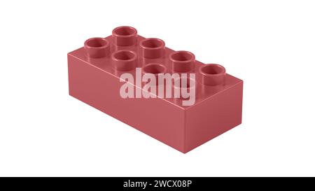Redwood Kunststoff Lego Block isoliert auf weißem Hintergrund. Kinderspielzeugziegel, Perspektivische Ansicht. Nahansicht eines Spielblocks für Konstrukteure. 3D-Re Stockfoto
