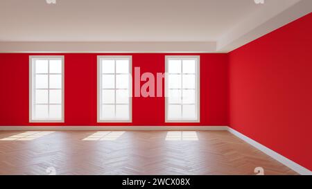 Rotes Interieur mit weißer Decke und Gesimse, glänzendem Fischgrätparkett, drei großen Fenstern und einem weißen Sockel. Sonniges, Wunderschönes Zimmer. 3D-Rendern Stockfoto