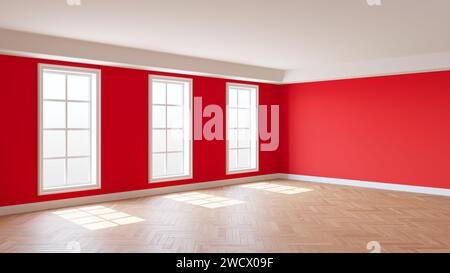 Sonniges Interieur mit roten Wänden, drei großen Fenstern, weißer Decke und Gesimse, Parkettboden mit Fischgrätmuster und weißem Sockel, 3D-Rendering. 8 Stockfoto