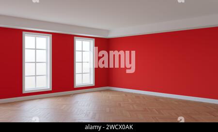 Rotes Interieur mit weißer Decke und Gesimse, glänzender Fischgrätparkettboden, zwei großen Fenstern und einem weißen Sockel. Unmöbliertes Zimmerkonzept. 3D re Stockfoto