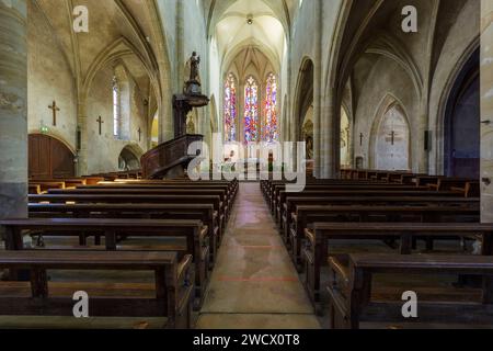 Frankreich, Vogesen, Charmes, St. Nicolas Kirche 1493 im Renaisssance-Stil erbaut, Kirchenschiff und Chor mit Buntglasfenster, die 1962-1963 von Glasmeistern aus der Werkstatt Barillet in Paris nach den Zeichnungen von Jacques Hallez gefertigt wurden Stockfoto