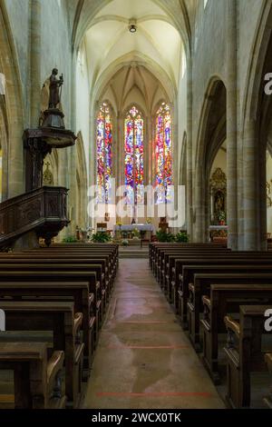 Frankreich, Vogesen, Charmes, St. Nicolas Kirche 1493 im Renaisssance-Stil erbaut, Kirchenschiff und Chor mit Buntglasfenster, die 1962-1963 von Glasmeistern aus der Werkstatt Barillet in Paris nach den Zeichnungen von Jacques Hallez gefertigt wurden Stockfoto