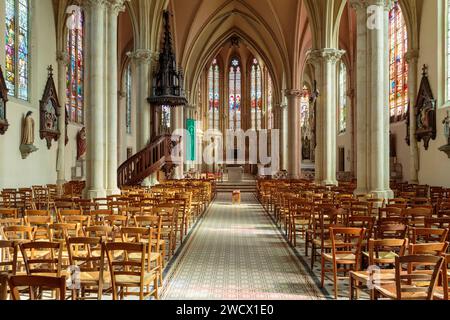 Frankreich, Mosel, Delme, St. Germain Kirche im Jahre 1859 im neogotischen Stil erbaut, das Kirchenschiff, der Chor, die Kanzel, der Altar, der Kreuzweg und die Buntglasfenster Stockfoto