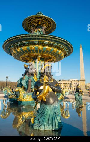 Frankreich, Paris, von der UNESCO zum Weltkulturerbe erklärt, Place de la Concorde, der Meeresbrunnen von Jacques Hittorf Stockfoto