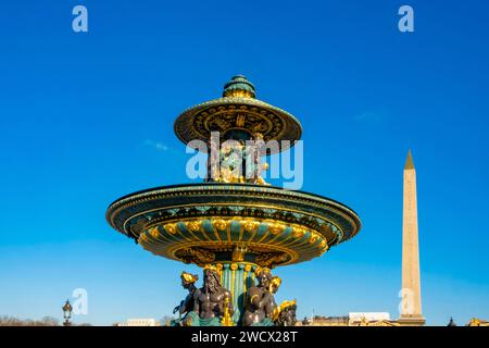 Frankreich, Paris, von der UNESCO zum Weltkulturerbe erklärt, Place de la Concorde, der Meeresbrunnen von Jacques Hittorf Stockfoto