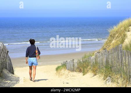 Frankreich, Nord, Umgebung von Dünkirchen, Zuydcoote, Ankunft am Strand am Rande der Nordsee Stockfoto