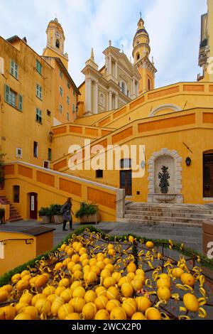 Frankreich, Alpes Maritimes, Cote d'Azur, Menton, Treppe zur Basilika Saint Michel Archange Stockfoto