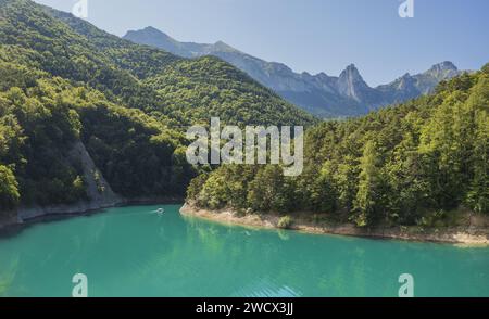 Frankreich, Isere, Souloise Schluchten, Sautet See und der Obiou Berg in der Nähe von Corps Dorf entlang Napoleon Trail (aus der Vogelperspektive) Stockfoto