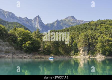 Frankreich, Isere, Souloise Schluchten, Sautet See und der Obiou Berg in der Nähe von Corps Dorf entlang Napoleon Trail (aus der Vogelperspektive) Stockfoto