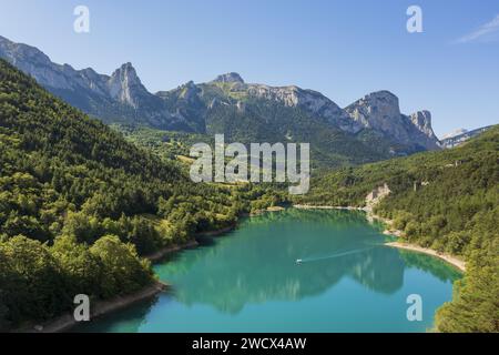 Frankreich, Isere, Souloise Schluchten, Sautet See und der Obiou Berg in der Nähe von Corps Dorf entlang Napoleon Trail (aus der Vogelperspektive) Stockfoto