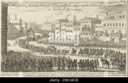 Triumphtour zu Ehren der Siege von König Willem III. In Irland, 1690, Jan Luyken, 1690 Print lange Triumphtour, bei der König Wilhelm III. Maria II. Stuart anlässlich der Siege in Irland in einer königlichen Kutsche herumgefahren wird. In der Überschrift de Legenda 1-15. Drucken Sie oben rechts mit folgender Markierung: Fol: 84. Amsterdam Papier ätzend zeremonielle Prozession, Parade, Wettbewerb  Installation eines Herrschers London Stockfoto