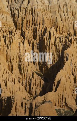 Portugal, Alentejo, Gale Fontainhas Beach, ockerfarbene, fossile Klippen, die fünf Millionen Jahre alt sind und erodierte Formen aufweisen Stockfoto